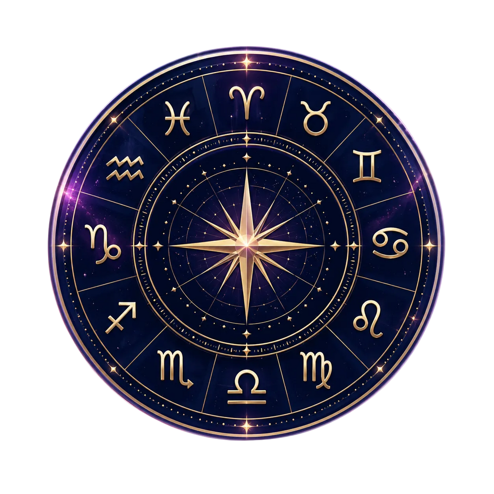 A circular astrology wheel featuring the twelve zodiac signs in gold on a deep navy blue background with a central gold compass rose and starburst, surrounded by a soft purple glow on a white background.