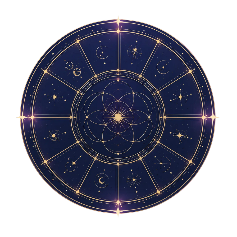 A circular celestial zodiac wheel design featuring gold astrological symbols, stars, and a central flower motif on a dark navy blue background with a glowing pink-purple halo effect.